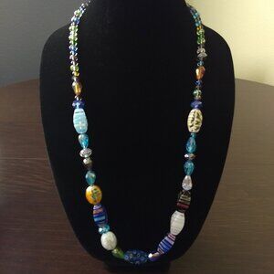 Faceted Crystal Bead Millefiori Floral Flower Bead Statement Necklace Colorful